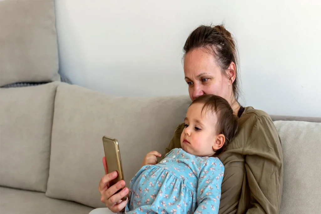 Family sitting together at home with phones aside, showing trust and healthy digital boundaries
